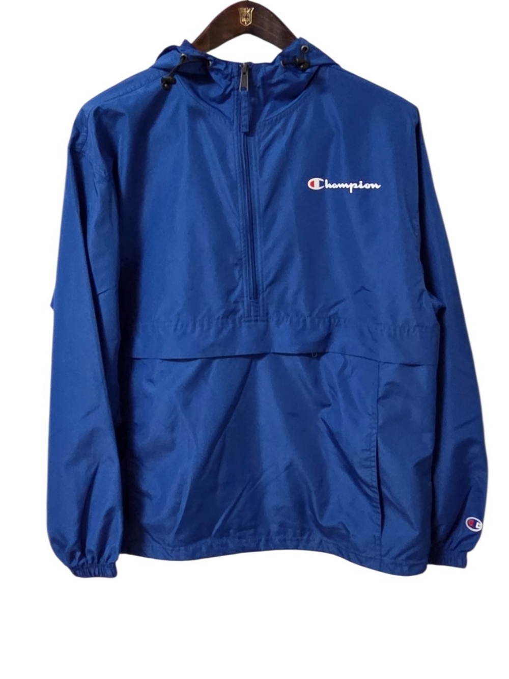 Champion V1012 Packable Windbreaker Jacket Mens M Blue Half Zip Hooded